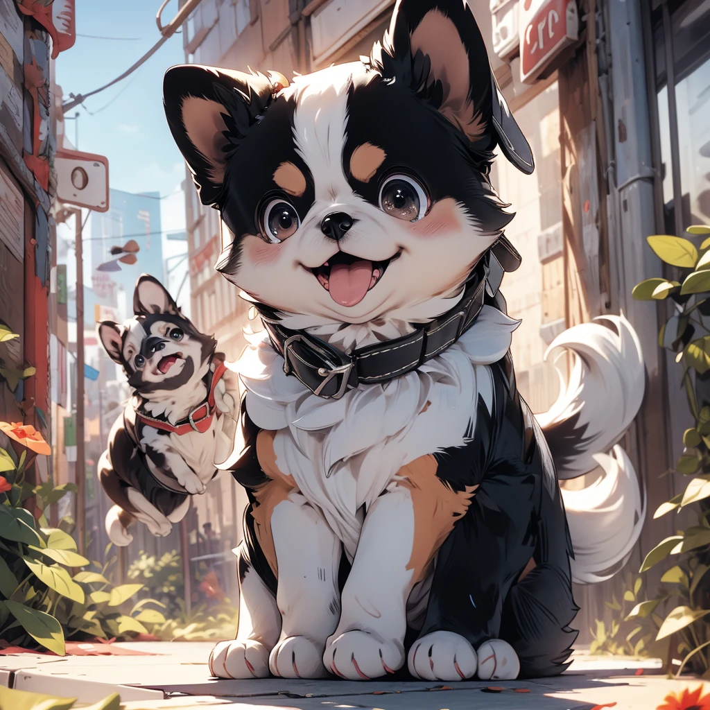 In the city、1 Pug puppy、(((Round black fur on forehead:1.3)))、(((Tears:3.0)))