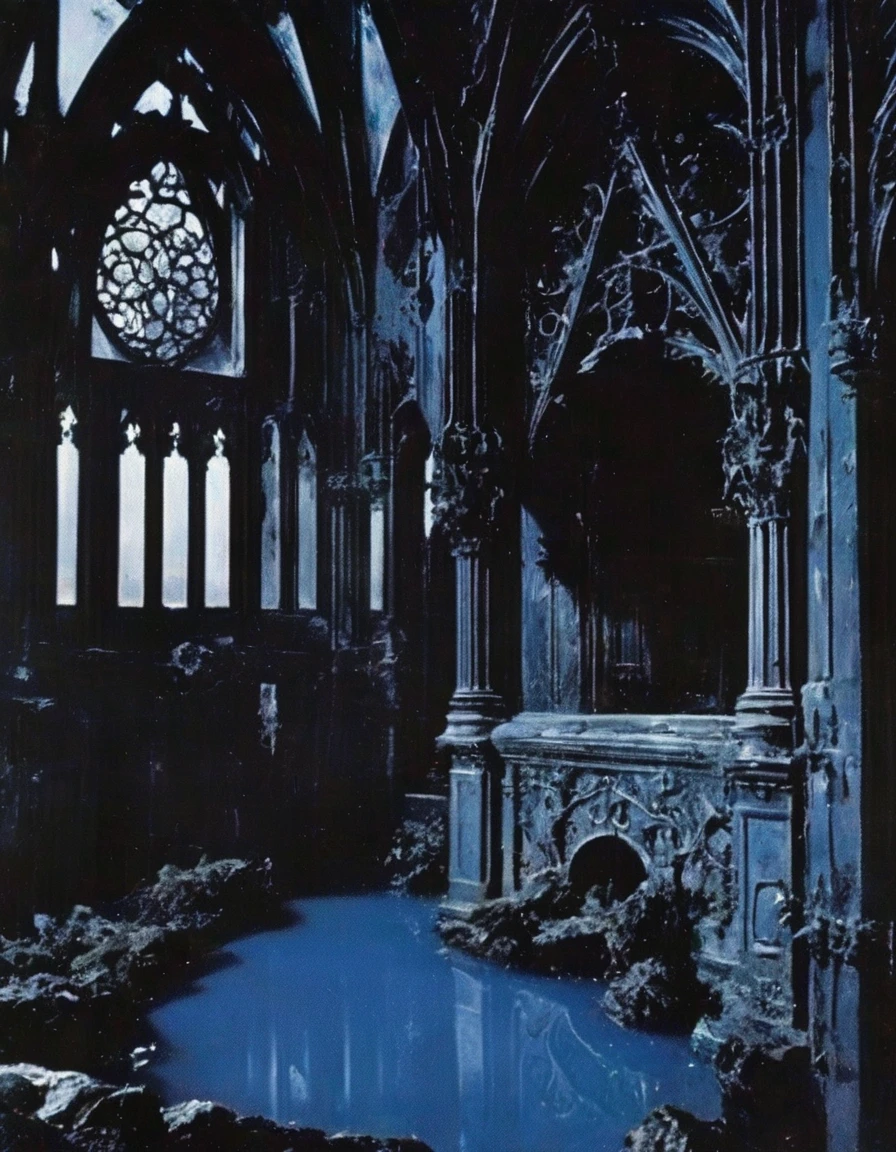 gothic hall in black water, blue background