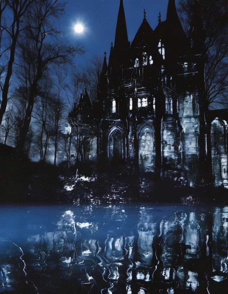 gothic hall in black water, blue background