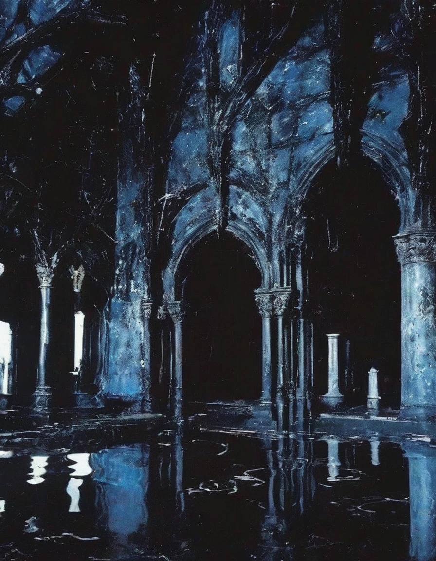 gothic hall in black water, blue background