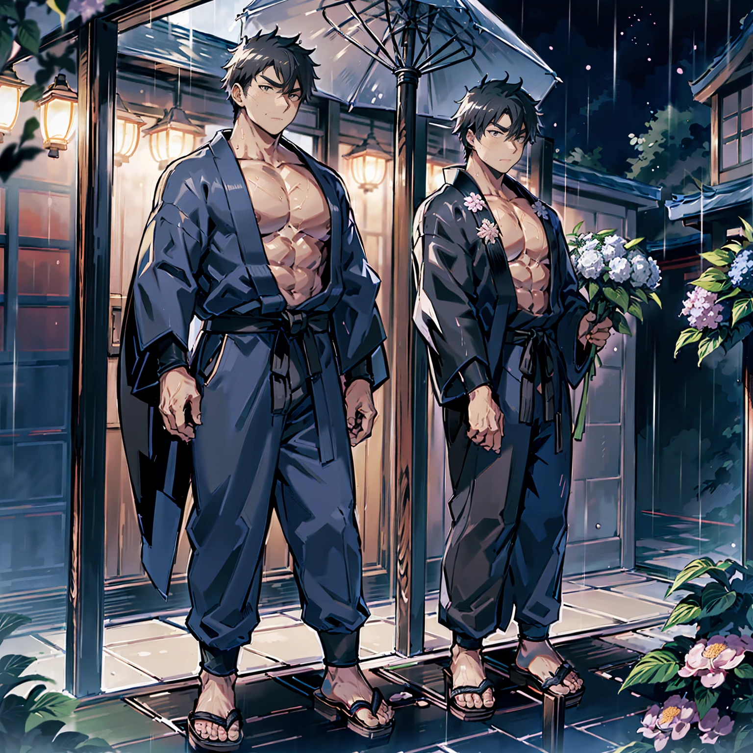 Japanese man, standing alone, full body view, strong young man in late 20s, young man standing in rain, holding Japanese umbrella, surrounded by hydrangea flowers, picturesque Japanese cityscape, anime-like image, high resolution, fantastic atmosphere, facing front, young man standing on right side, strong young man, serious looking young man, black hair, dark blue kimono, black obi, black geta, person on right side, empty on left side standing on right side, young man with serious expression, black hair, dark blue kimono, black obi, black geta, figure to right side, left side open, masculine eyes, toes visible