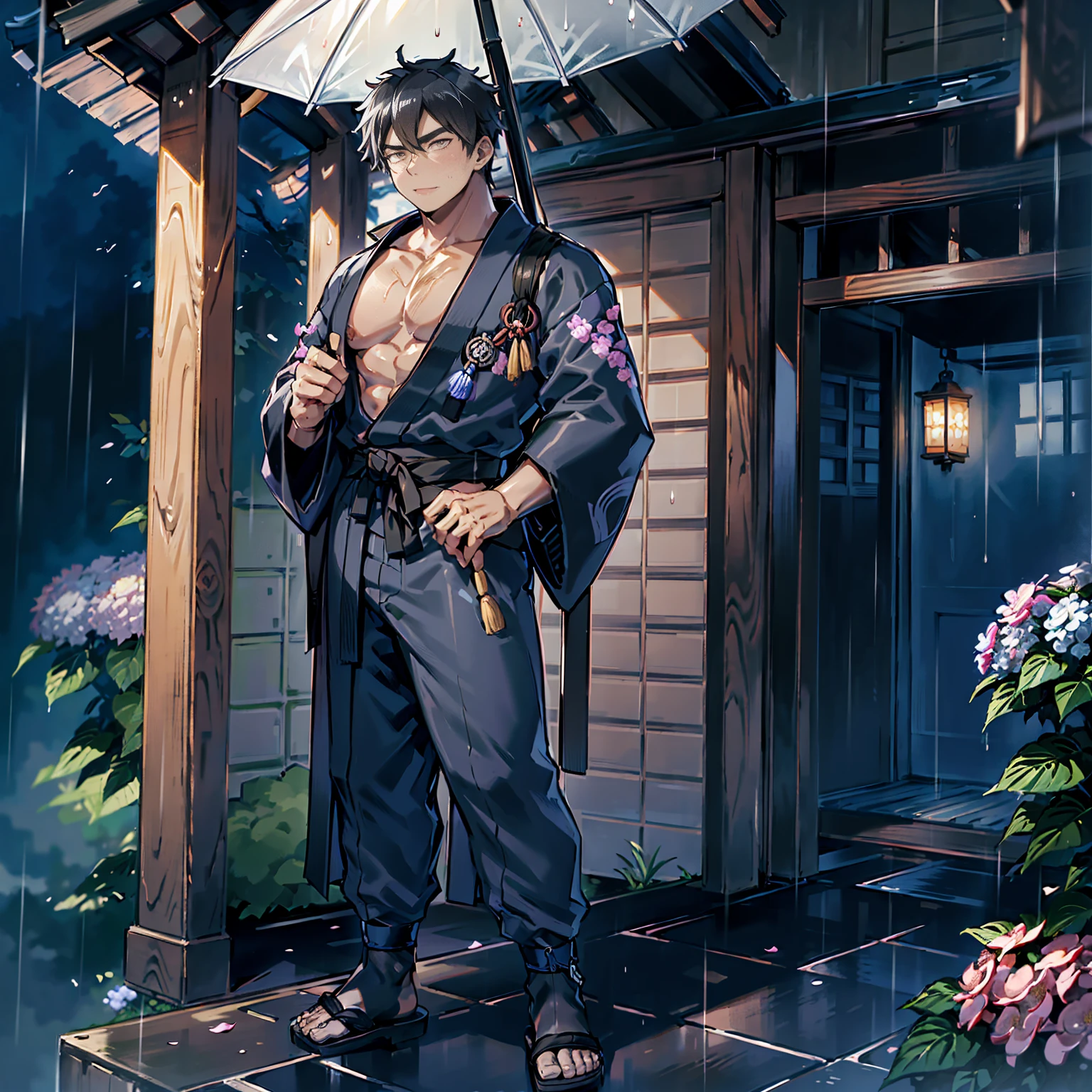 Japanese man, standing alone, full body view, strong young man in late 20s, young man standing in rain, holding Japanese umbrella, surrounded by hydrangea flowers, picturesque Japanese cityscape, anime-like image, high resolution, fantastic atmosphere, facing front, young man standing on right side, strong young man, serious looking young man, black hair, dark blue kimono, black obi, black geta, person on right side, empty on left side standing on right side, young man with serious expression, black hair, dark blue kimono, black obi, black geta, figure to right side, left side open, masculine eyes, toes visible