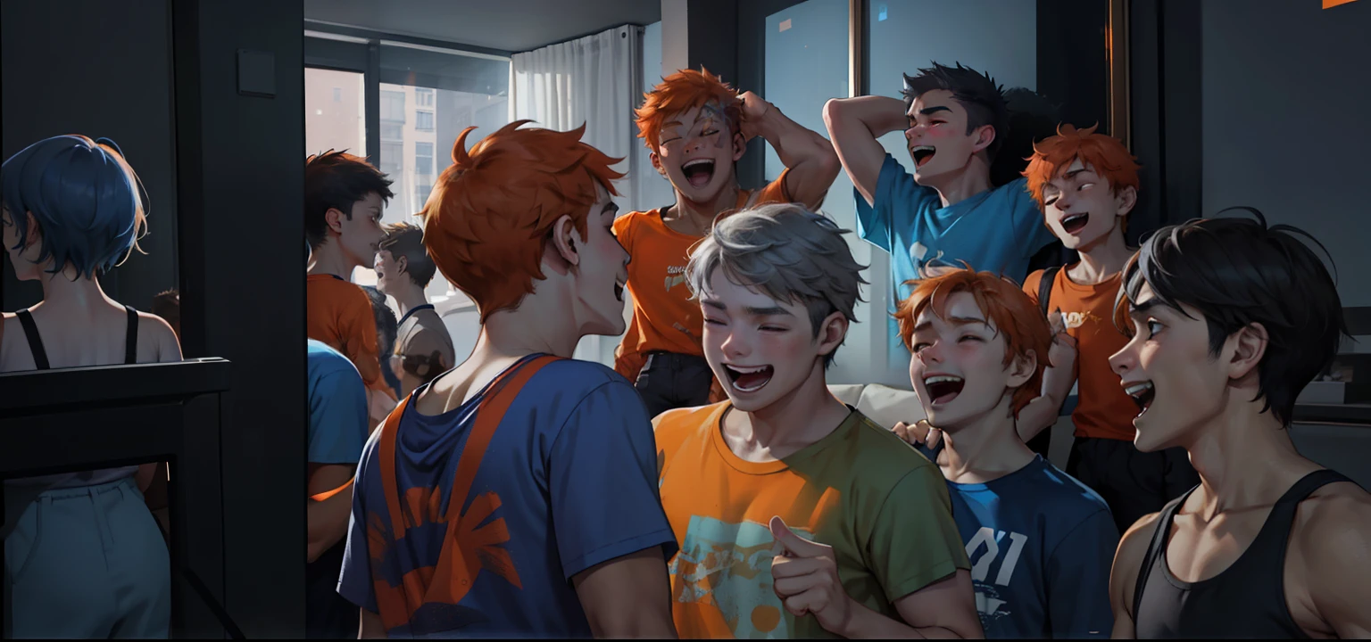 A group of 16 year olds with gray and blue and orange t-shirts with orange hair jumping and laughing and dancing at a party. They have orange hair and others have gray hair. They are in a luxurious living room of young people at a party.