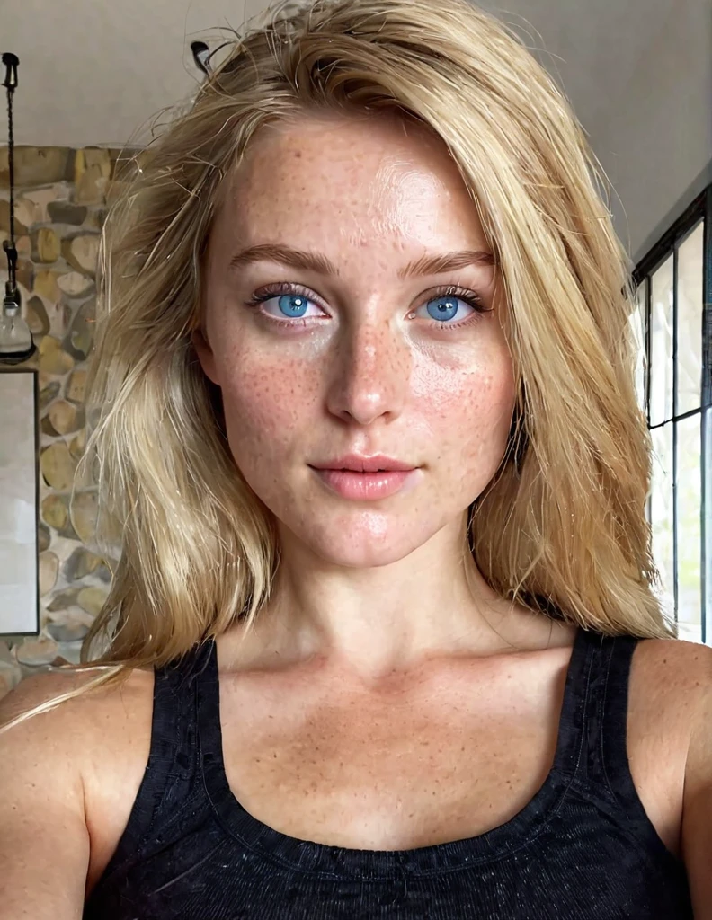 Generate: Realistic, 40 year old european blonde haired girl
Face: blue eyes, small frekels (very low quantity), smooth small nose, ears part visible
Body: thick waist, thick , hips: middle wide,
Environment: city balkony at early night
Lighting : dawn but generated person fully visible.
Wearing: ai generate:black shorts
Make the face a little less smooth and add a few freckels to the nose and cheeks
Make it look like the person is taking a selfie
Make the eyes a litte smaller and more realistic