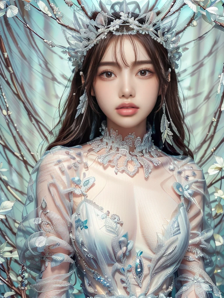 (Highest quality,8K,CG,beautiful,Upper body details,,Thumb Girl,Taffeta coat dress,Floral Background,Detailed facial features,long flowing hair,,Complex eye makeup,Long eyelashes fluttering,Big blinking eyes and starry gaze,Exquisite lip detail,Soft and harmonious style、(((see-through dresses 1.5)))