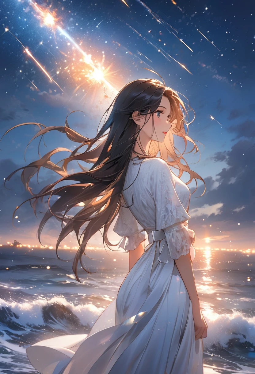 (Best Quality) (Best Masterpiece) Woman with long hair standing in moonlit sea, wearing white dress, sky shining with meteor shower.