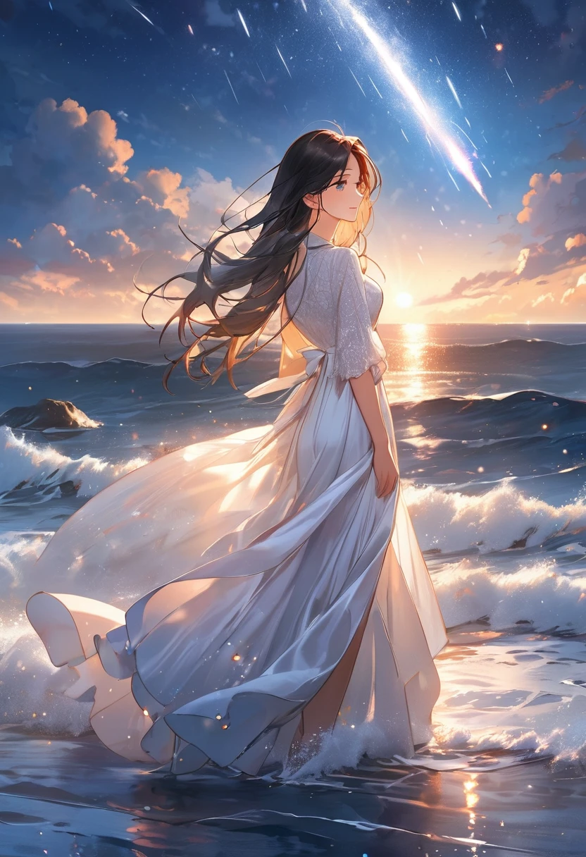(Best Quality) (Best Masterpiece) Woman with long hair standing in moonlit sea, wearing white dress, sky shining with meteor shower.