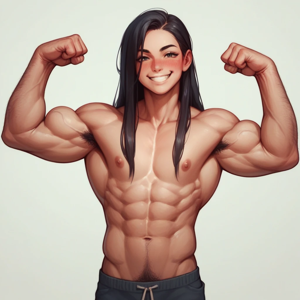 cute woman, skinny, muscular, feminine face, long hair, very detailed, smile, proud, blushing, flexing biceps, hairy arms