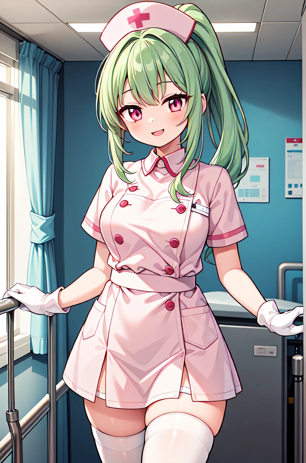 1girl, solo, nurse, nurse cap, white nurse uniform, ((white legwear, zettai ryouiki)), white gloves, ponytail, green hair, pink eyes, smile, standing, ((hospital room)), sharp outline, short sleeves, best quality, masterpiece