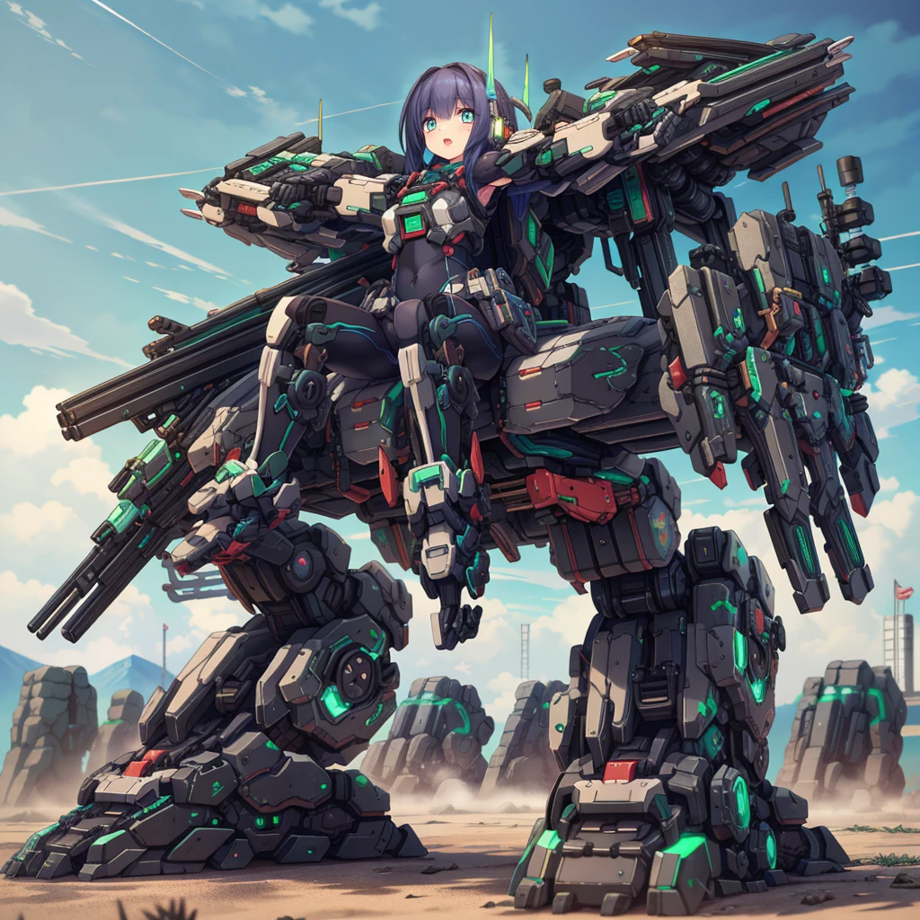 (masterpiece:1.2), best quality, high resolution, extremely detailed CG, absurdres, highres, Sci-fi world, a girl in black_bodysuit sits inside a ((green_machine)) with giant robot arms and legs on a battlefield, and the girl holds the lever of the machine,Colorful portraits