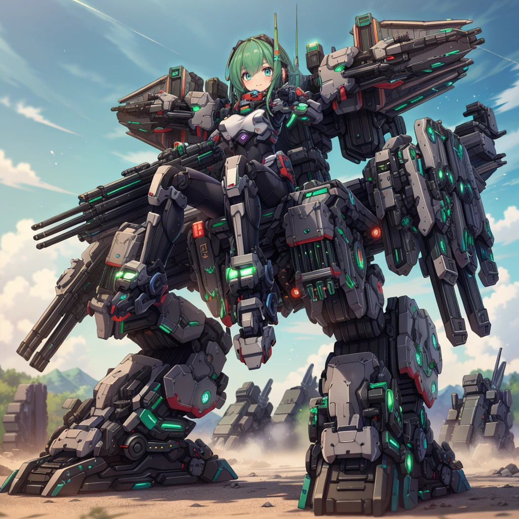 (masterpiece:1.2), best quality, high resolution, extremely detailed CG, absurdres, highres, Sci-fi world, a girl in black_bodysuit sits inside a ((green_machine)) with giant robot arms and legs on a battlefield, and the girl holds the lever of the machine,Colorful portraits