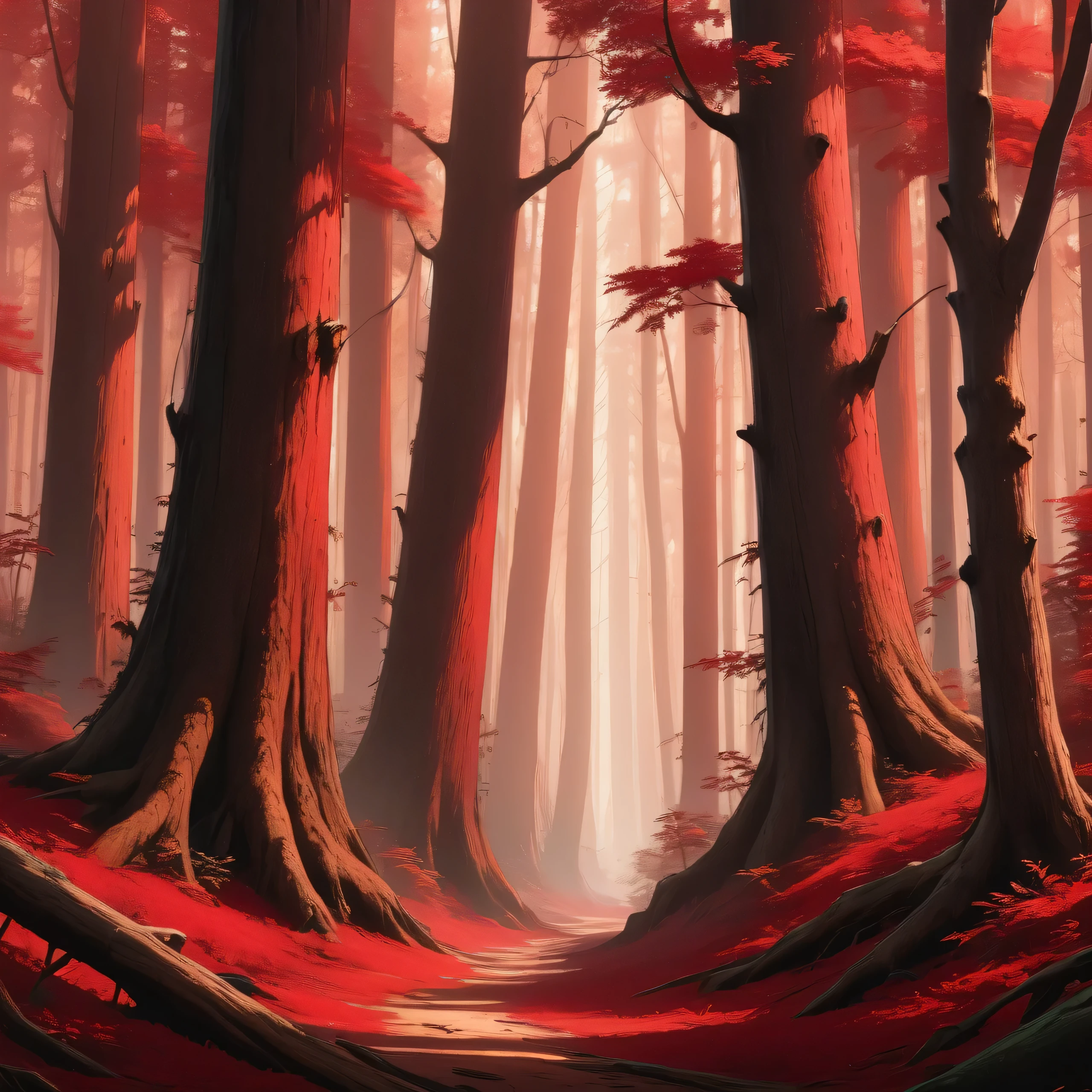 a wonderful red forest, very detailed, photographic, cinematic, 4k, tree trunks with realistic texture, undergrowth also with reddish tones, an incredible forest worthy of fantasy books.