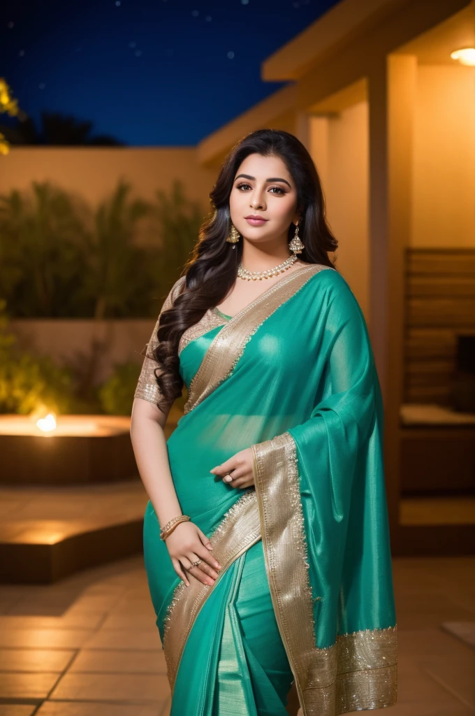 1 Heavenly beautiful and goddess beauty cute and sweet looking face Arabian woman in front of house at night, Heavenly beautiful Overweight, Heavenly beautiful Extremely fat, Heavenly beautiful and attractive Chubby figure , Heavenly beautiful looking and eye catching luxury style saree , reaching out, Heavenly beautiful Arabian woman, 16k, High resolution, masterpiece, highest quality, fine skin, close up figure view, Realistic Photograph