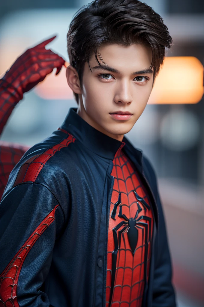 A photograph of spider man, no mask, 20 yo, handsome, detailed face, looking at camera, portrait, 8k uhd, high quality