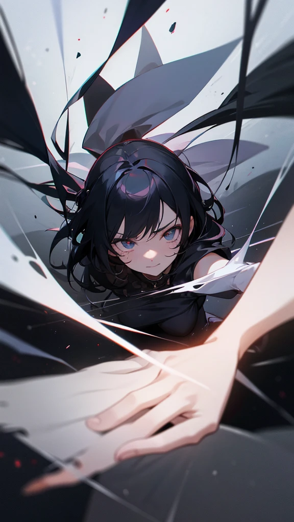 A cute girl with black hair wearing an elegant dress. She is smiling, but there is a disturbing sense of possessiveness and obsession in her eyes. Her gaze reflects deep love mixed with instability and a hint of anger. The background is a dark room with a window showing a night cityscape. The character stands in the center of the room, giving the impression that she is in complete control of the space. The image should strongly emphasize yandere elements, making it clear that the character's love is intense and possessive, bordering on the unsettling.