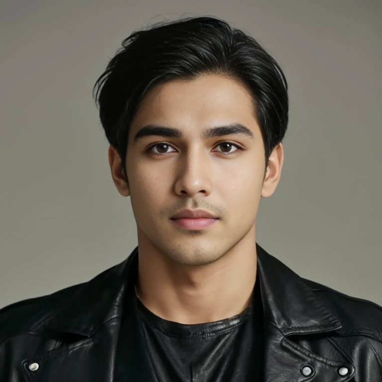 Aarav looks at the camera, perfect has a round face, A well-maintained model, handsome face,Close-up of a man wearing a black leather jacket., Southeast Asians with round faces, 3-D profile picture, 8K, 45,000,000 pixcls, realistic light colors