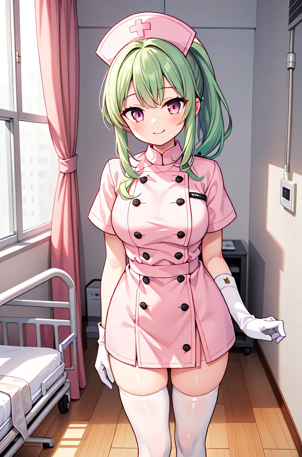 1girl, solo, nurse, nurse cap, white nurse uniform, ((white legwear, zettai ryouiki)), white gloves, ponytail, green hair, pink eyes, smile, standing, ((hospital room)), sharp outline, short sleeves, best quality, masterpiece