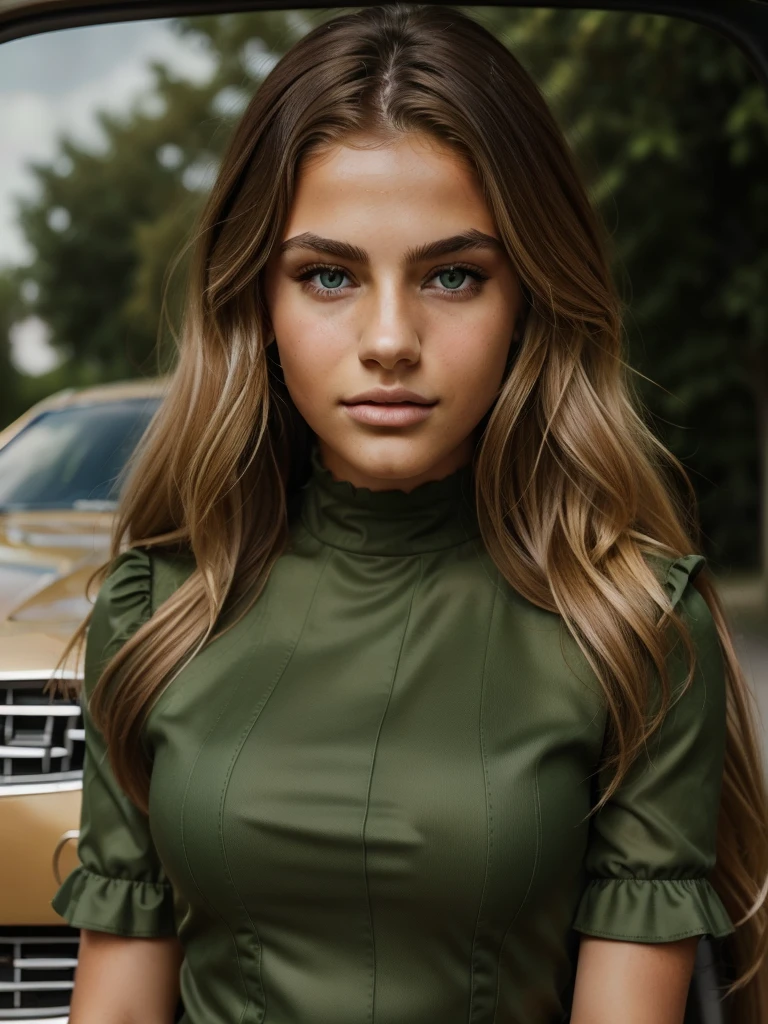 photo of beautiful full european teenage model in front of luxury car, wavy brown hair with blonde highlights, dark green eyes, heavily tanned textured skin, Shirt with puffed sleeves, large moist lips slightly parted, attractive look, gros plan portrait,  (8K, Photo brute, best quality, head of'artwork: 1.2), (realistic, photorealistic: 1.37), Ultra detailed, (highly detailed skin: 1.2), 8K euh, digital SLR, Soft lighting, High quality, grain de film, Fujifilm XProfessional lighting, very detailed, mise au point ultra nette Sony FE 55mm f/1.8 POUR, Moviecam Compact MK2