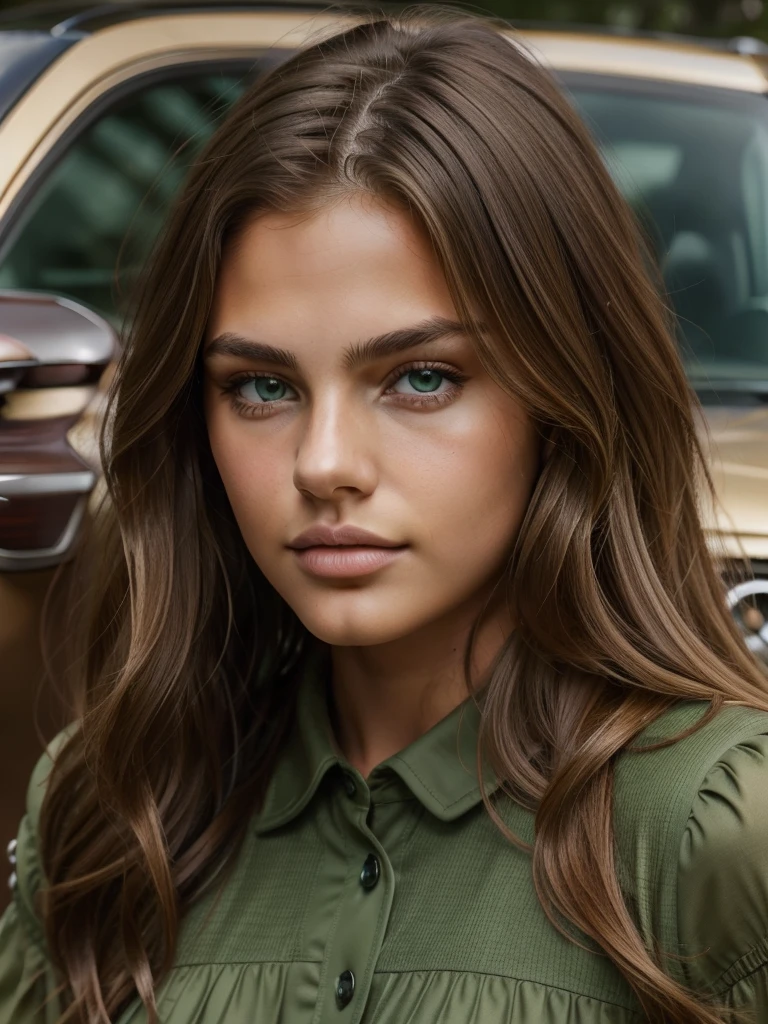 photo of beautiful full european age model in front of luxury car, wavy brown hair with blonde highlights, dark green eyes, heavily tanned textured skin, Shirt with puffed sleeves, large moist lips slightly parted, attractive look, gros plan portrait, (8K, Photo brute, best quality, head of'artwork: 1.2), (realistic, photorealistic: 1.37), Ultra detailed, (highly detailed skin: 1.2), 8K euh, digital SLR, Soft lighting, High quality, grain de film, Fujifilm XProfessional lighting, very detailed, mise au point ultra nette Sony FE 55mm f/1.8 POUR, Moviecam Compact MK2