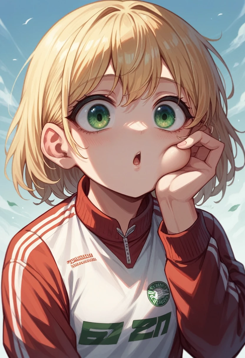 blonde, green Eyed, slant eyed, young girl, face type round, almond eyes, f1 driver, ferrari jersey