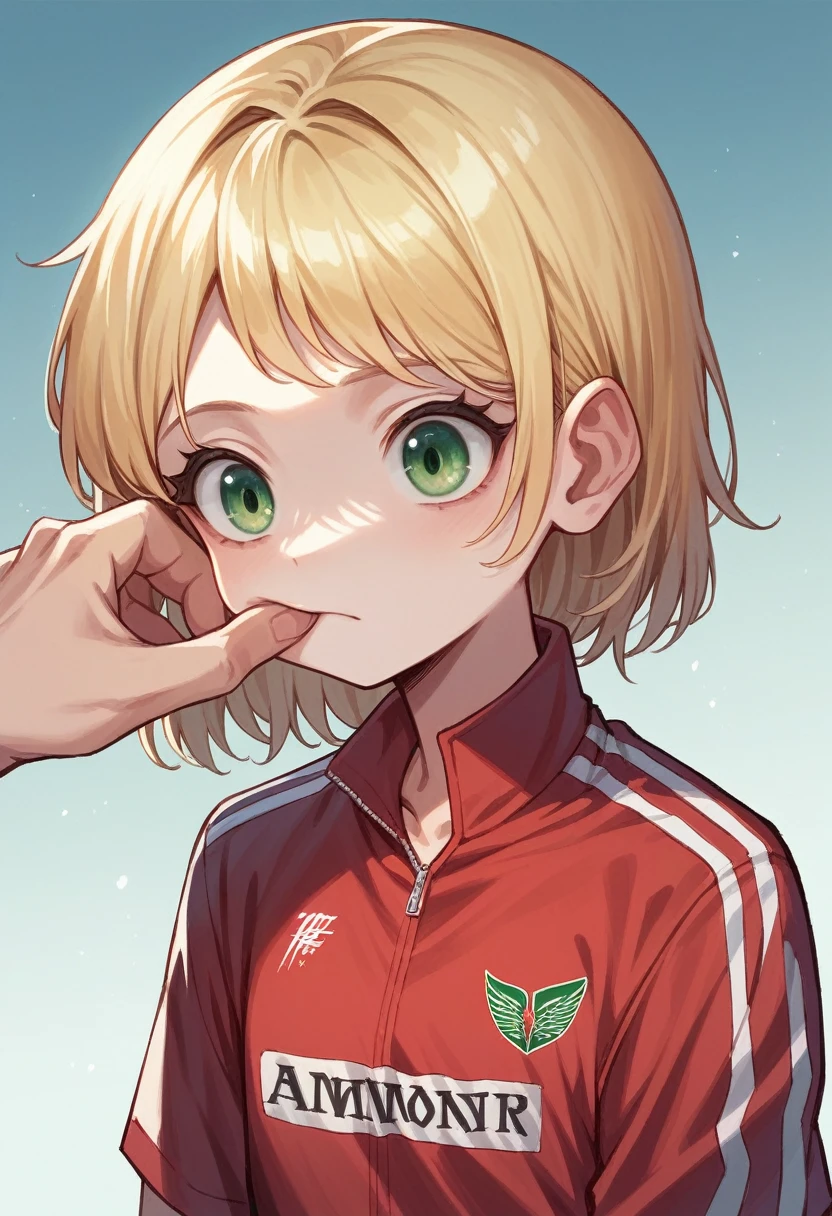 blonde, green Eyed, slant eyed, young girl, face type round, almond eyes, f1 driver, ferrari jersey