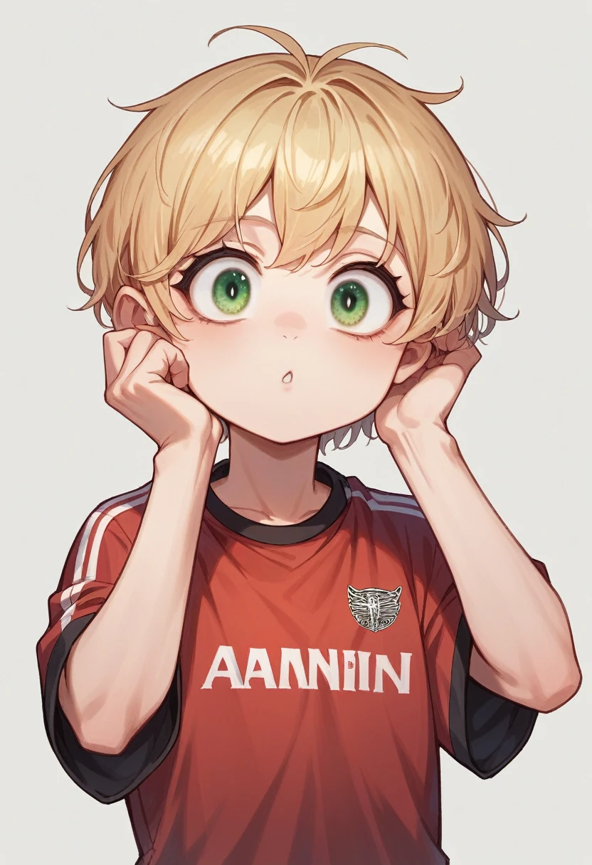 blonde, green Eyed, slant eyed, young girl, face type round, almond eyes, f1 driver, ferrari jersey
