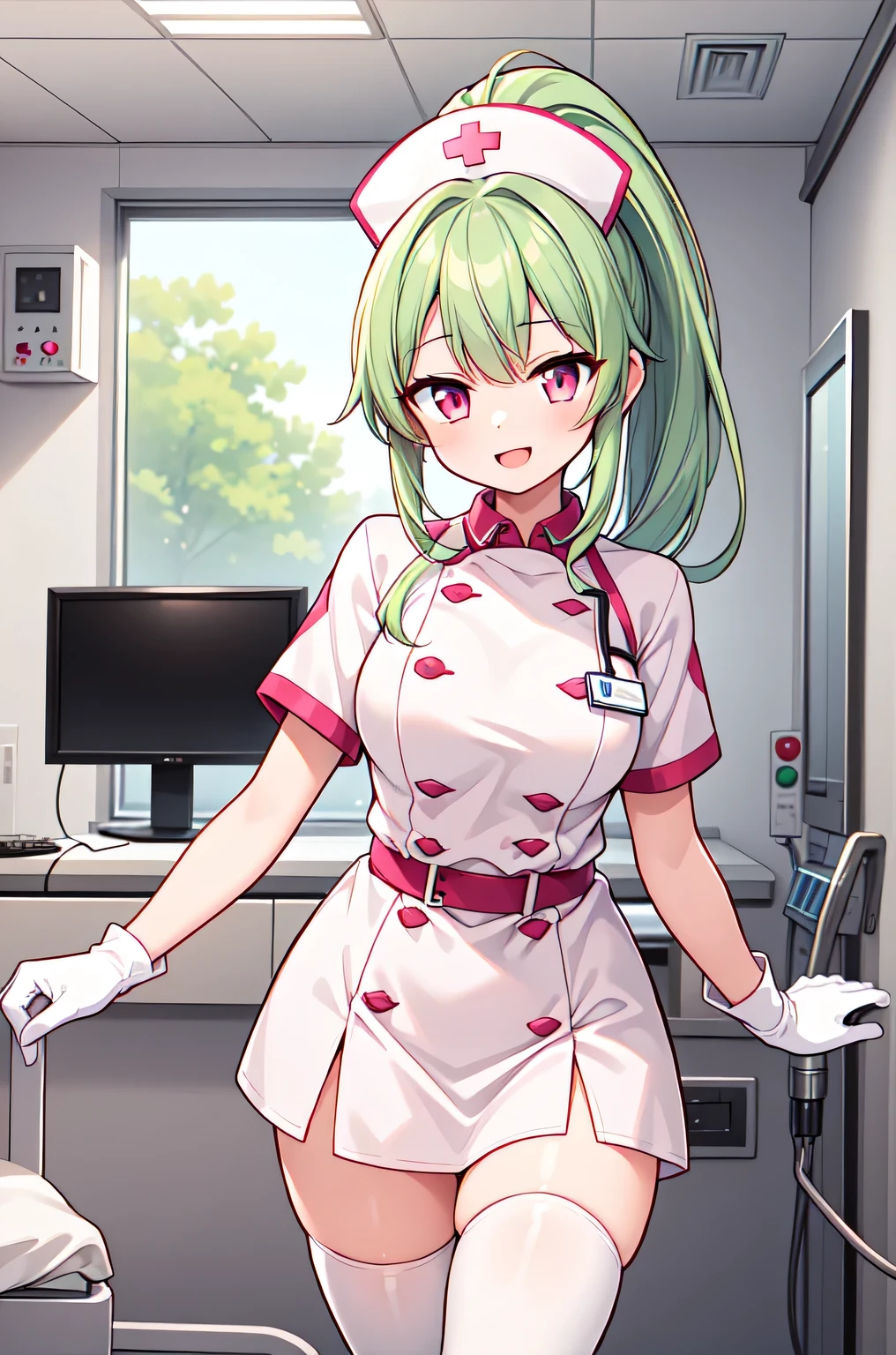 1girl, solo, nurse, nurse cap, white nurse uniform, ((white legwear, zettai ryouiki)), white gloves, ponytail, green hair, pink eyes, smile, standing, ((hospital room)), sharp outline, short sleeves, best quality, masterpiece