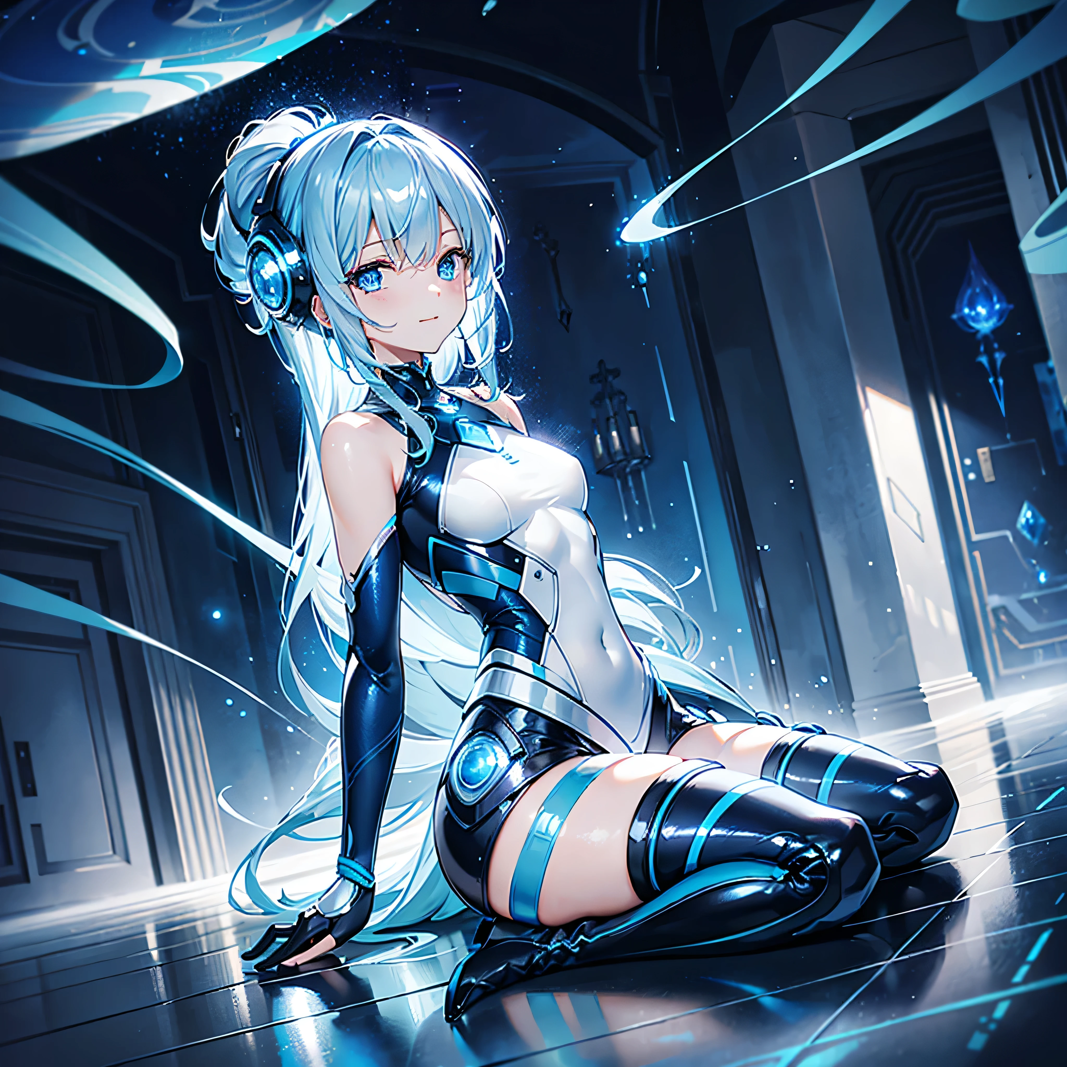 8K, Highest quality, (real:1.4), Original photo, 1 girl, Asari Hair, Biological Amplifier, Very sleek and futuristic armor, posture: Peace talks between warring factions,,attention arousal, smart blue eyes,A modest smile,Knee-high boots,Patent-look blue tights,Blue big moon and blue light swirl in the background,Blue light from behind,blue light magic,A small, glowing blue ball in the palm of your hand,Blue flame swirl,Blue Comet,Polished floor,