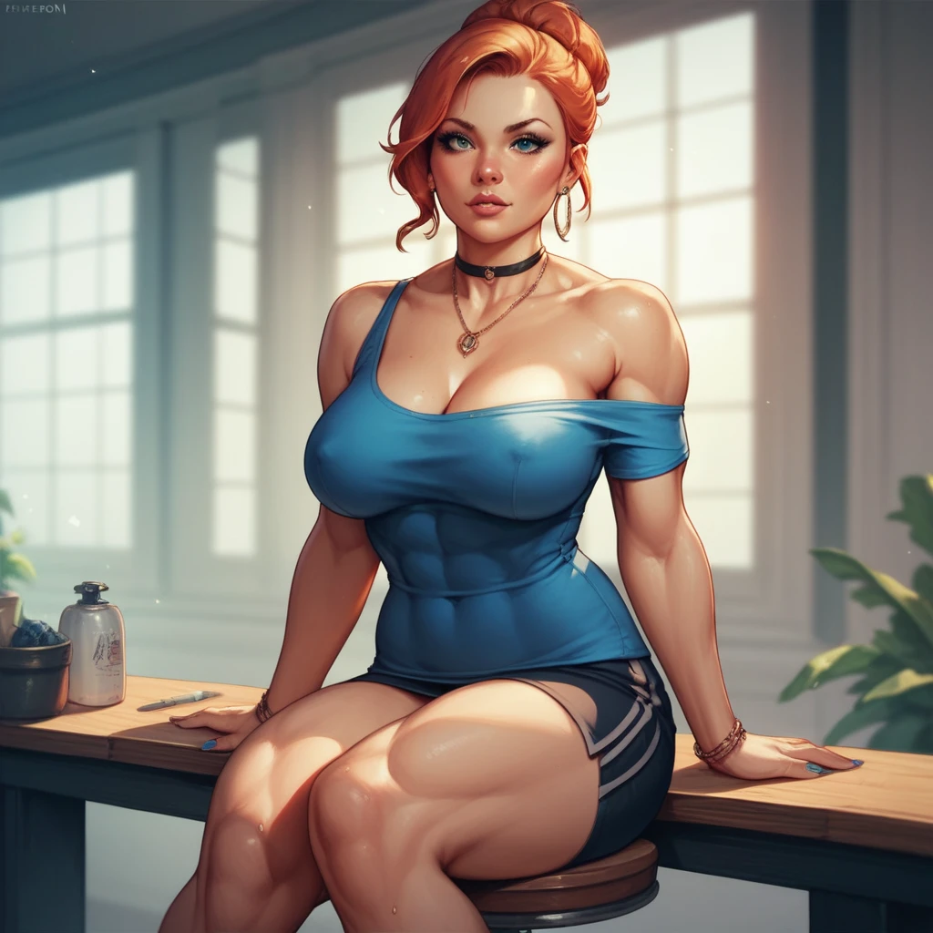 Girl wearing blue shirt, muscular