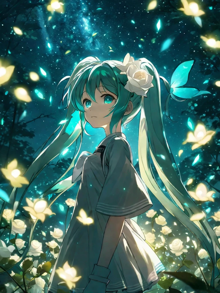 face focus, masterpiece, best quality, 1girl, hatsune miku, white roses, petals, night background, fireflies, light particle, solo, aqua hair with twin tails, aqua eyes, standing, pixiv, depth of field, cinematic composition, best lighting, looking up