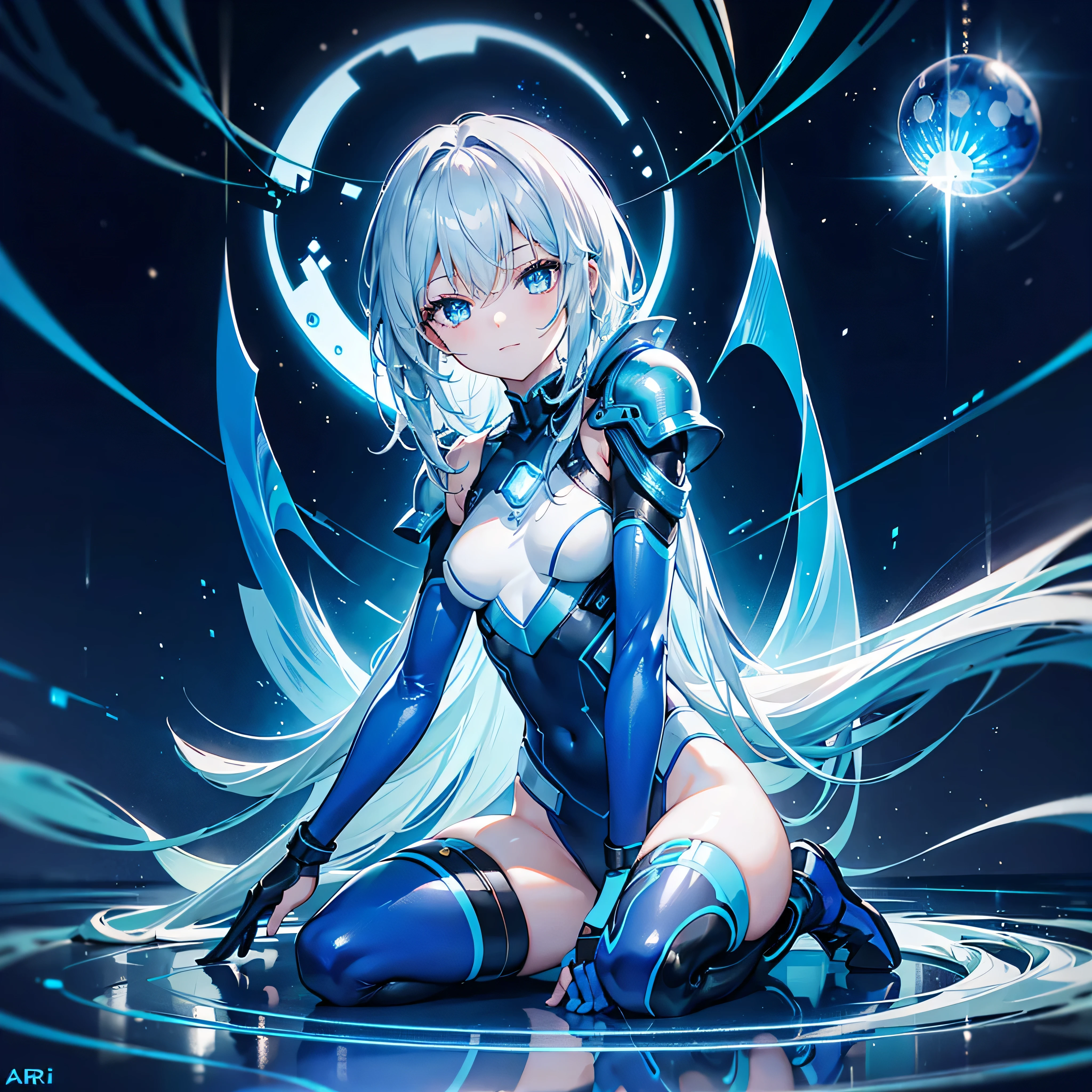 8K, Highest quality, (real:1.4), Original photo, 1 girl, Asari Hair, Biological Amplifier, Very sleek and futuristic armor, posture: Peace talks between warring factions,,attention arousal, smart blue eyes,A modest smile,Knee-high boots,Patent-look blue tights,Blue big moon and blue light swirl in the background,Blue light from behind,blue light magic,A small, glowing blue ball in the palm of your hand,Blue flame swirl,Blue Comet,Polished floor,