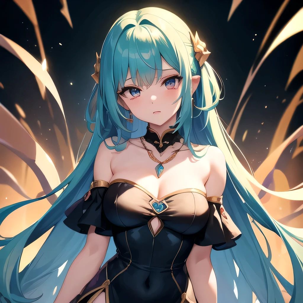 masterpiece, best quality, 1girl, medium red-scarlet-crimsor hair color ,vetage hair cut style ,blue-green mixed sharp anime eyes color and style ,tears drop stric in eyes,crystal blue -cyan colored ear-rings on both ears , necklace with golde made ,wearing white strapless dress ,sleevless ,puts her hand together as she praying , ,black as cosmo background ,brights coins falling from skies in golden color ,4K pic ,high details , Suisei