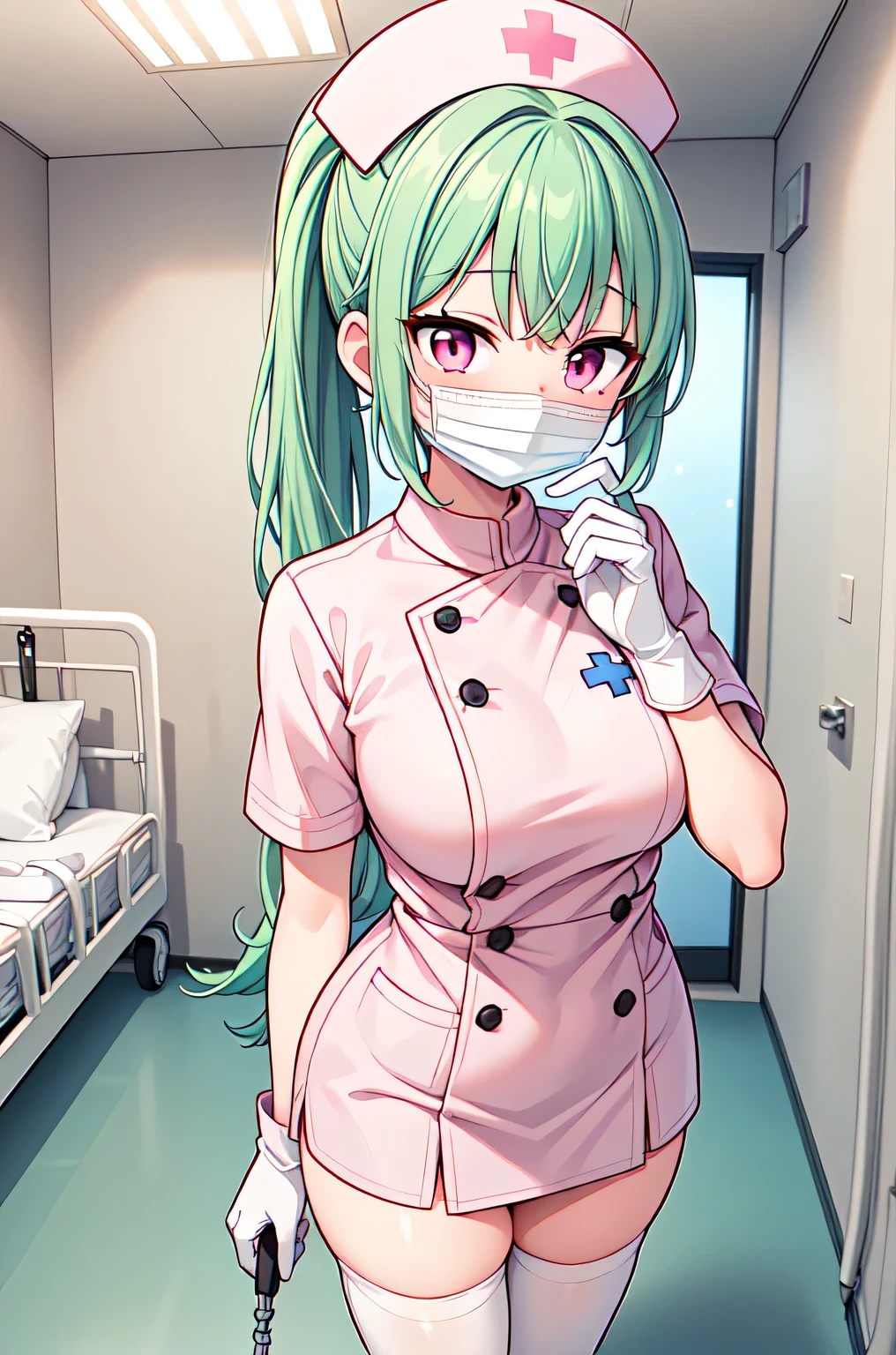 1girl, solo, nurse, nurse cap, white nurse uniform, ((white legwear, zettai ryouiki)), white gloves, ponytail, green hair, pink eyes, ((white surgical mask, covered nose)), standing, ((hospital room)), sharp outline, short sleeves, best quality, masterpiece