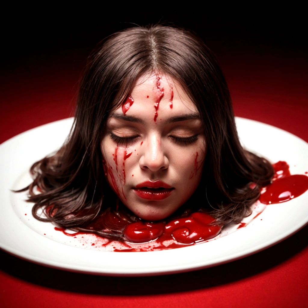 decapitated female head on a plate, covered in flesh, full of blood, ((eyes closed)), served like a food dish, bloody, photorealistic, 4K, Nikon, horror