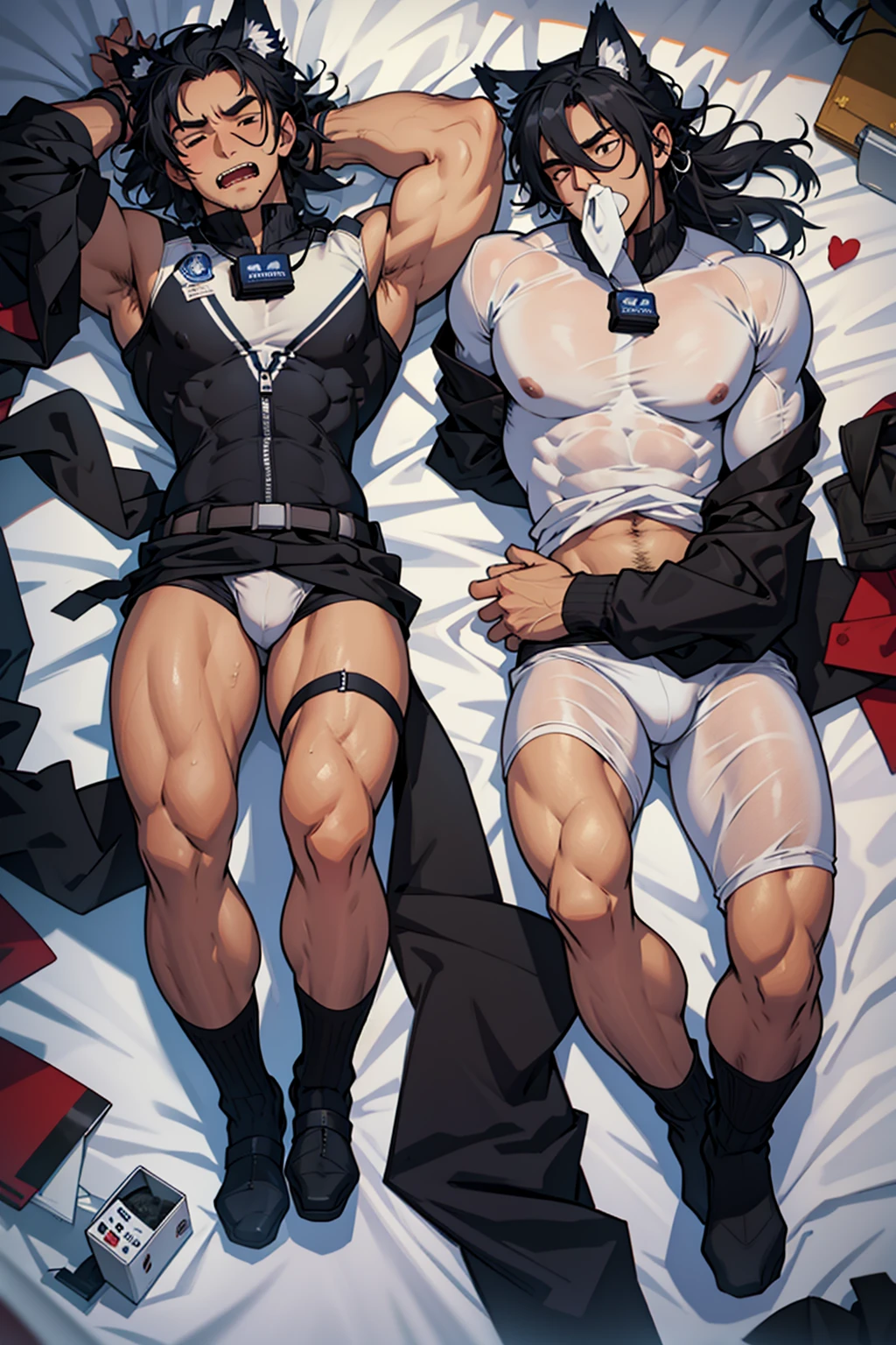 Two deceased muscular policemen slept on a flat surface covered with white cloth, rolled their eyes, opened their mouths, exposed their tongues, spat out foam. They had chest and abdominal muscles, black underwear, wolf ears, and wolf tails.