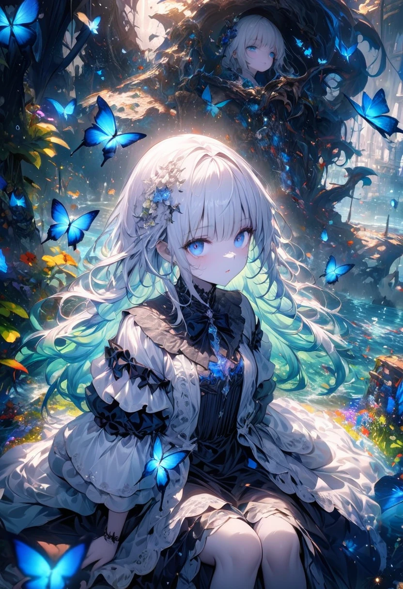 (masterpiece), (best quality), illustration, super detailed, high dynamic range, depth of field, (colorful), ,,This is a masterpiece that exudes exceptional quality. The illustration is ultra-detailed, Using HDR technology to create a sense of depth. Theme is original, beautifully, and beautiful artwork, bright colors，Full of fantasy elements. Girl sitting by the deep sea, surrounded by running water, The background is dark blue World Tree, Located in the cemetery. The tranquil and dreamy atmosphere gives the whole scene a charming temperament.. her pale complexion, sparkling blue eyes, silver hair decorated with flowers，Create a captivating portrait. She wears lolita style fashion, poker face，shut your mouth. Backgrounds range from white, transparent, Loop options, There are also flying translucent blue butterflies，Add vitality.