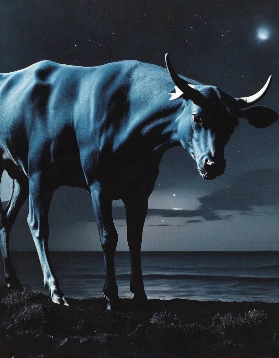 abstract painting about cow standing near sparkling ocean at night