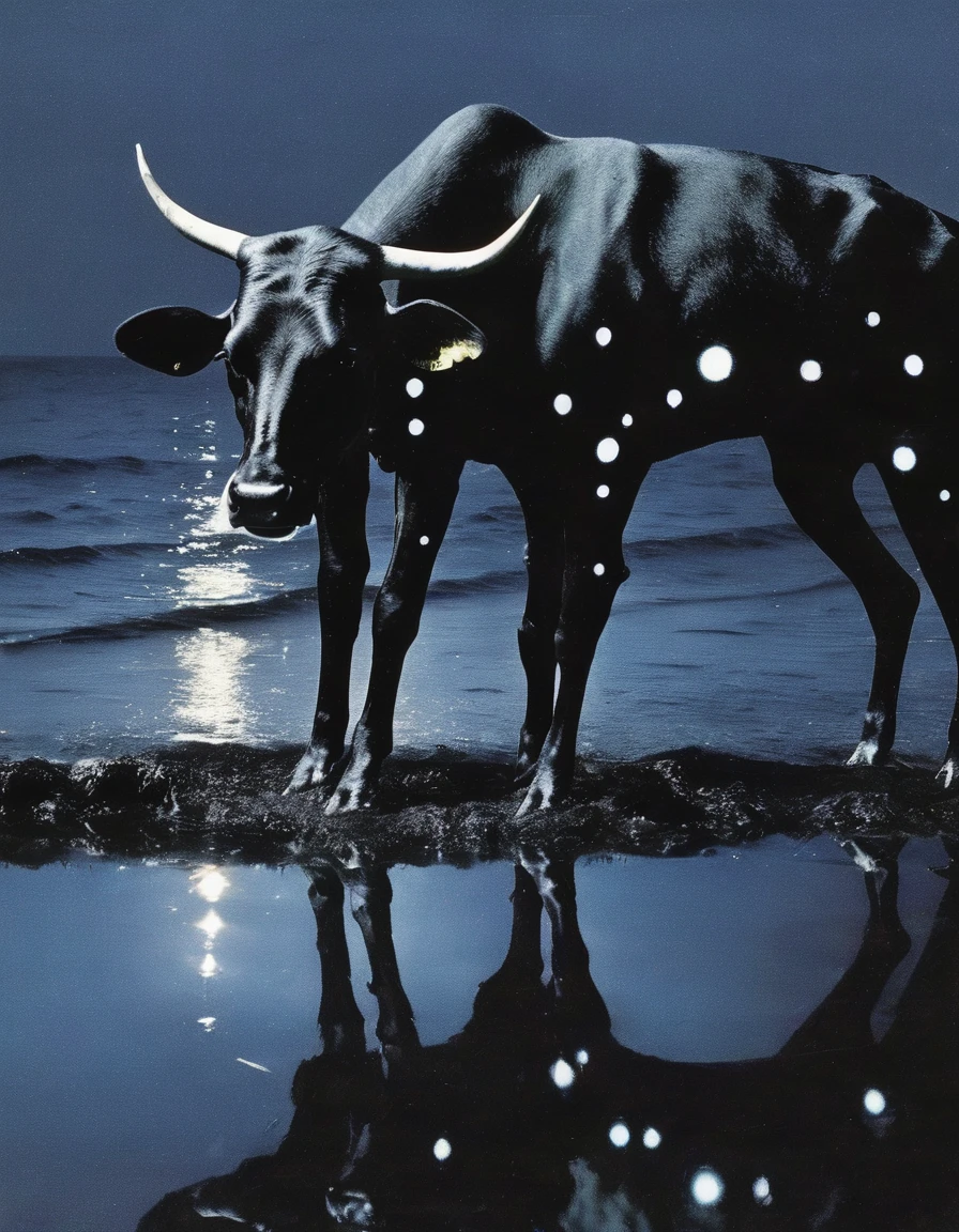 abstract painting about cow standing near sparkling ocean at night