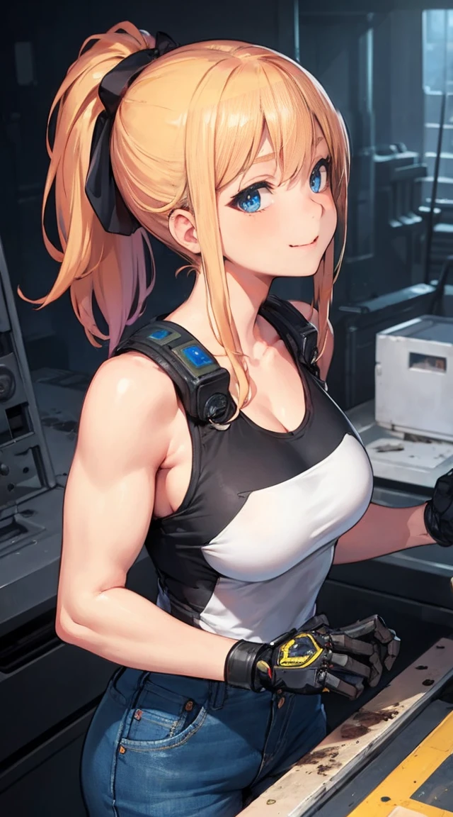 perfect anatomy, female engineer mechanic girl wearing a dirty tank top and a pilot's jacket on top. She is working on a futuristic robot solo focus, blue eyes, strawberry blonde hair, ponytail, denim jeans, repairing machines, smiling, caring, looking upward, high angle, futuristic, military vibes, diesel punk, indoors, welding, looking at viewer, muscle, toned woman, tomboy, in a futuristic military complex, police department white walls, ((BEST QUALITY))