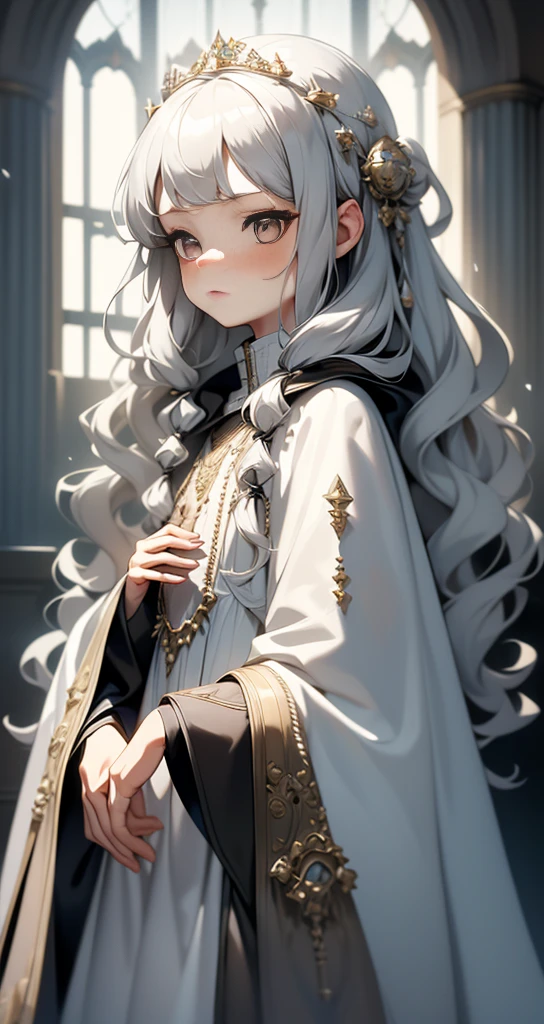 8K, (masterpiece), (High resolution), (dramatic), (Natural light), (small), 1 Girl, Flat Chest, , Gray Hair, Long Hair, Beautiful Hair, White clothes, dress, Long bangs, (( Cape)), White Skirt