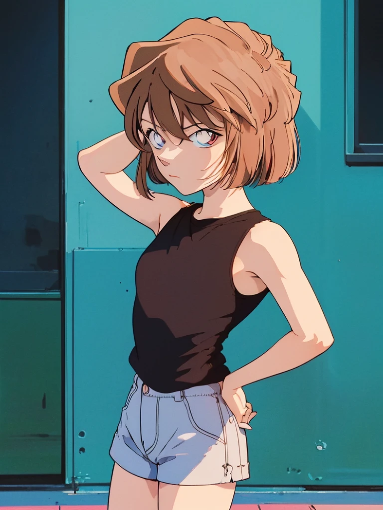 masterpiece, best quality, beautiful face, (street, upper body:1.4), anime style, (1girl in, Solo:1.0), (Haibara Ai), ((Short pants)), (((Big eyes))), (Cute anime girl head), (flat chest),looking at viewer,With a height of 100cm, shoot from front, (head shot), Simple line minimalism, Abstract Art, City background