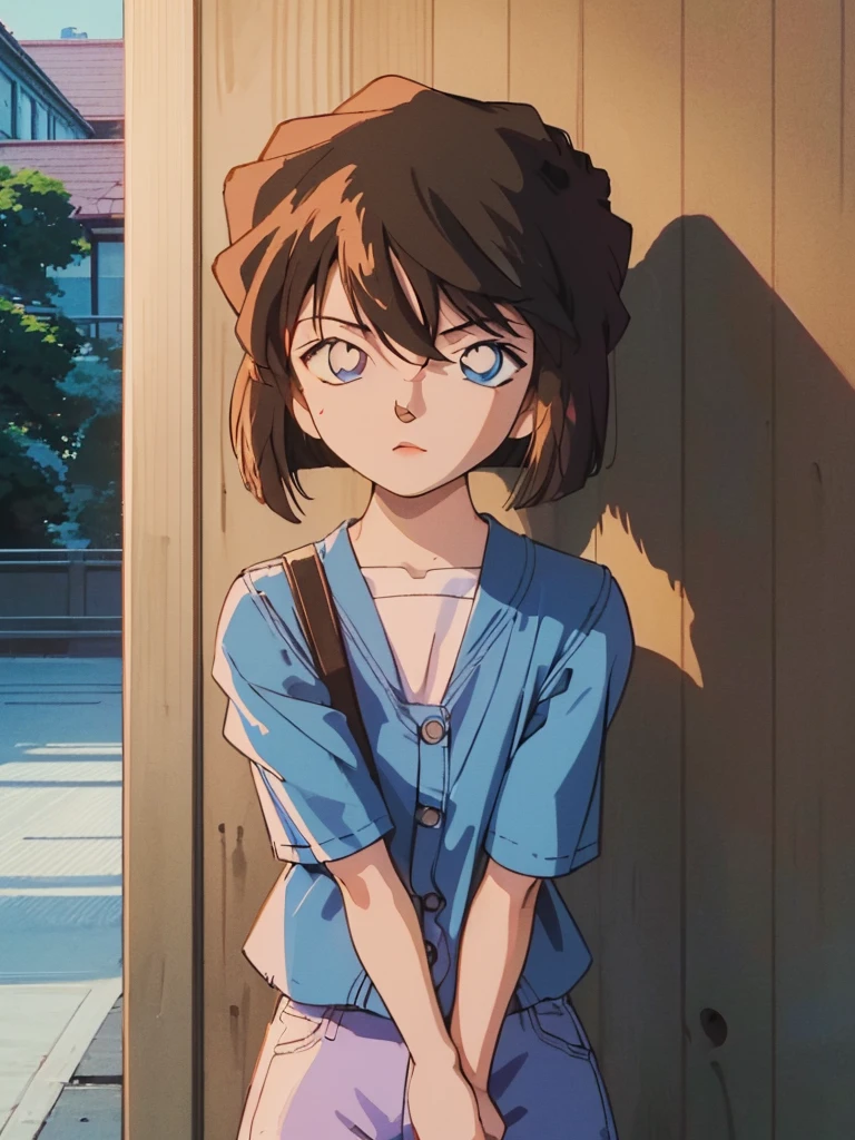 masterpiece, best quality, beautiful face, (street, upper body:1.4), anime style, (1girl in, Solo:1.0), (Haibara Ai), ((Short pants)), (((Big eyes))), (Cute anime girl head), (flat chest),looking at viewer,With a height of 100cm, shoot from front, (head shot), Simple line minimalism, Abstract Art, City background