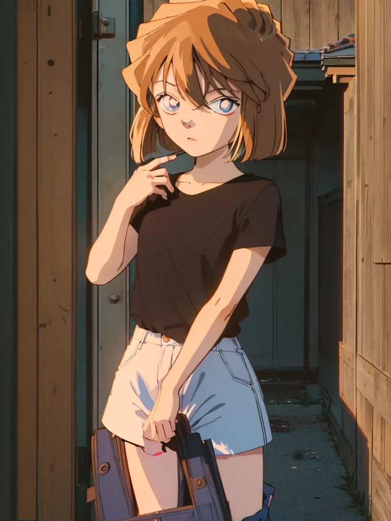 masterpiece, best quality, beautiful face, (street, upper body:1.4), anime style, (1girl in, Solo:1.0), (Haibara Ai), ((Short pants)), (((Big eyes))), (Cute anime girl head), (flat chest),looking at viewer,With a height of 100cm, shoot from front, (head shot), Simple line minimalism, Abstract Art, City background