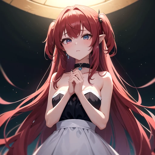 masterpiece, best quality, 1girl, medium red-scarlet-crimsor hair color ,vetage hair cut style ,blue-green mixed sharp anime eyes color and style ,tears drop stric in eyes,crystal blue -cyan colored ear-rings on both ears , necklace with golde made ,wearing white strapless dress ,sleevless ,puts her hand together as she praying , ,black as cosmo background ,brights coins falling from skies in golden color ,4K pic ,high details , Suisei Bibbideba