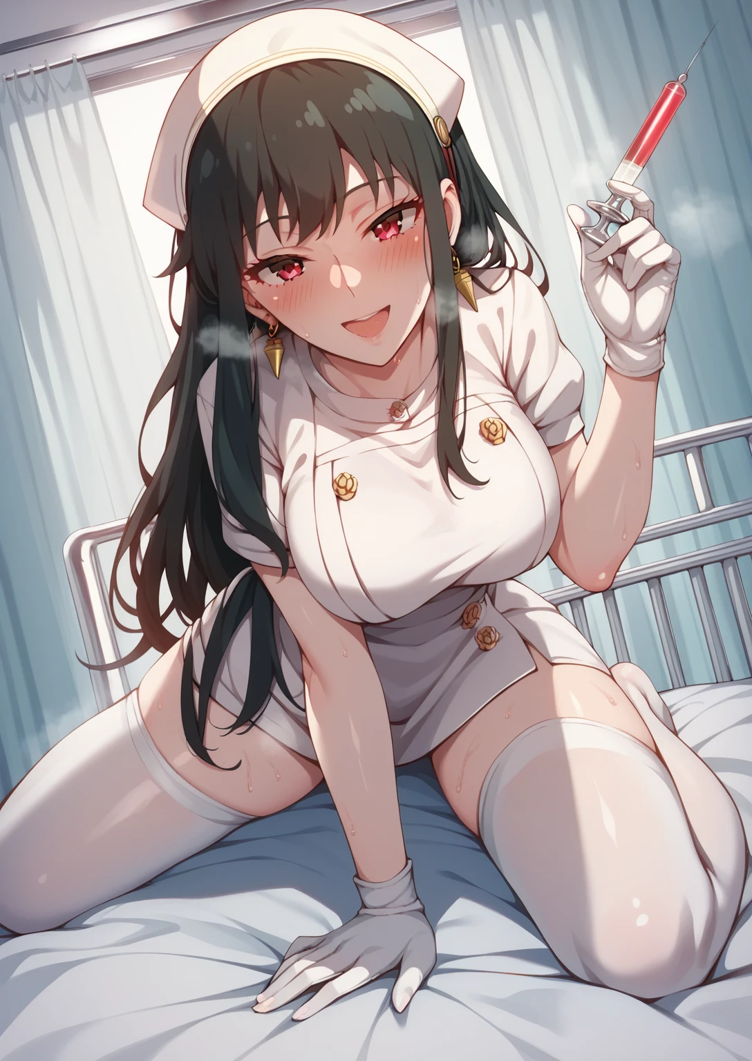 score_9, score_8_up, score_7_up, score_6_up, uncensored, Yor Briar, black hair, earrings, white hairband, hairband, long hair, sidelocks, red eyes, naughty face, shiny skin, sweating, steaming body, heavy breathing, BREAK (masterpiece:1.2), best quality, high resolution, unity 8k wallpaper, (illustration:0.8), (detailed eyes:1.3), extremely detailed face, perfect lighting, extremely detailed CG, (perfect hands, perfect anatomy), nurse, gloves, nurse_cap, 1girl, syringe, white_gloves, thighhighs, large_breasts, dress, indoors, white_legwear, open_mouth, blush, short_sleeves, bed, solo, holding, looking_at_viewer,