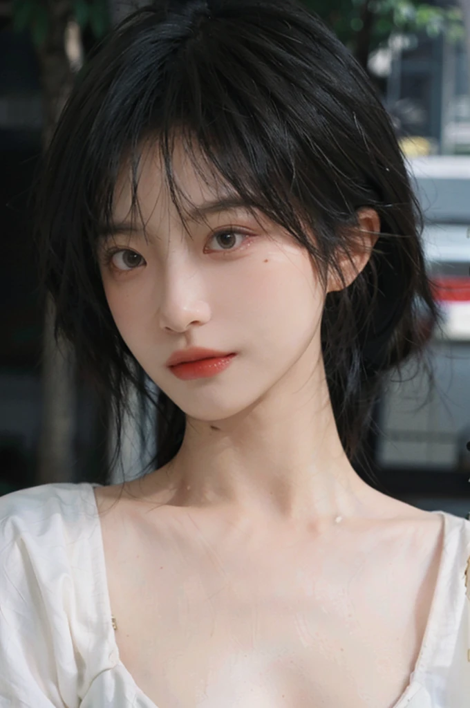 (Skin details:1.4), (smooth skin textures:1.3), Lipstick, background, earrings, serene, calm, (Realistic and detailed eyes:1.2), (Large Breasts:1.3),Natural skin texture, Realistic facial details, Soft dramatic lighting, Vivid details, 35 mm film, outdoor, (Photo Practical:1.4), (hyper Practical:1.4), (Practical:1.3), (Smoother lighting:1.05), (Improve lighting quality:0.9), (Highest quality real skin textures:1.4), Exquisite eyes, Delicate face, Close-up of face, (Enhance the beauty of skin texture:1.1), Hair details, model,normal body ratio, short hair, Moles under the eyes, 公园background,Portrait Photography, Depth of Field, Bokeh, Surrealism, Ray Tracing, (Portrait Photography:1.1), Surrealism, High Detail, Chiaroscuro, Ray Tracing, reflected light, Ultra HD, Ultra HD, masterpiece, Textured Skin, Super Detail, High Detail, high quality, best quality