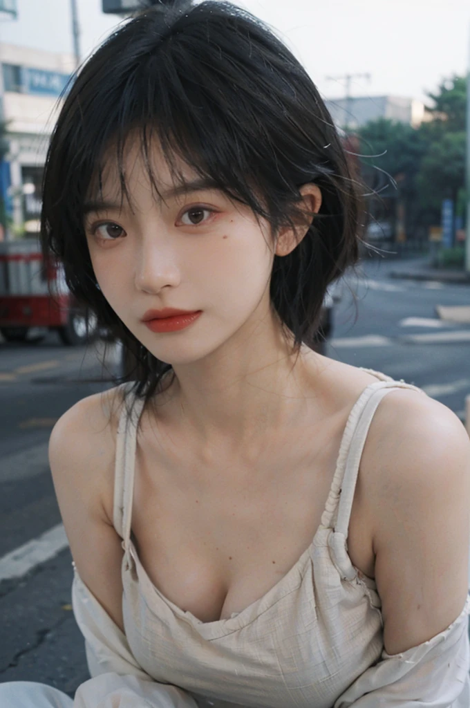 (Skin details:1.4), (smooth skin textures:1.3), Lipstick, background, earrings, serene, calm, (Realistic and detailed eyes:1.2), (Large Breasts:1.3),Natural skin texture, Realistic facial details, Soft dramatic lighting, Vivid details, 35 mm film, outdoor, (Photo Practical:1.4), (hyper Practical:1.4), (Practical:1.3), (Smoother lighting:1.05), (Improve lighting quality:0.9), (Highest quality real skin textures:1.4), Exquisite eyes, Delicate face, Close-up of face, (Enhance the beauty of skin texture:1.1), Hair details, model,normal body ratio, short hair, Moles under the eyes, 公园background,Portrait Photography, Depth of Field, Bokeh, Surrealism, Ray Tracing, (Portrait Photography:1.1), Surrealism, High Detail, Chiaroscuro, Ray Tracing, reflected light, Ultra HD, Ultra HD, masterpiece, Textured Skin, Super Detail, High Detail, high quality, best quality
