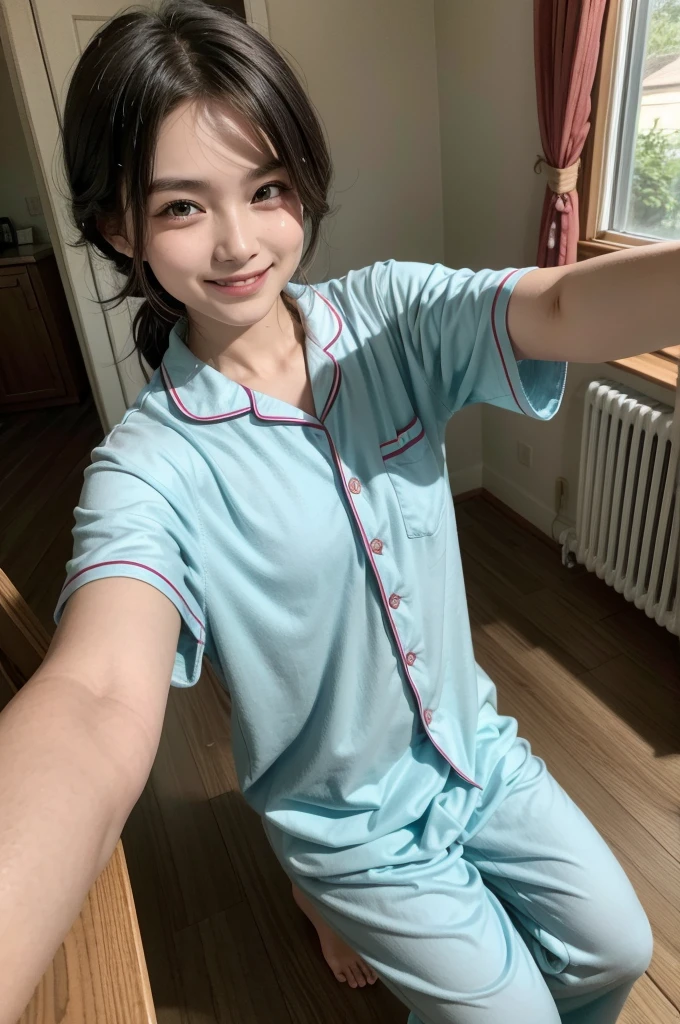 , pyjamas, small, whole body, Selfie, Grinning, in house