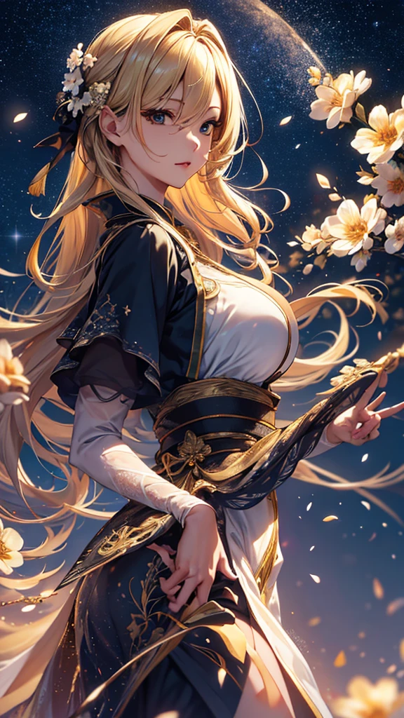 masterpiece, high quality, 4K, Beautiful design, silhouette,blonde, 非常に詳細な夜のStarry Sky,Flower Field, wonderful, Finer details, Very knowledgeable woman, Highly detailed solo, 1 female,Big Breasts,dress,Night view,Starry Sky,full moon,