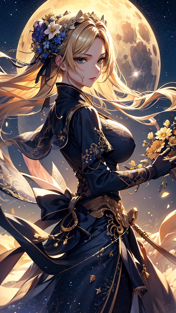 masterpiece, high quality, 4K, Beautiful design, silhouette，blonde， 非常に詳細な夜のStarry Sky,Flower Field， wonderful, Finer details,  Very knowledgeable woman, Highly detailed solo, 1 female,Big Breasts，dress，Night view，Starry Sky，full moon，